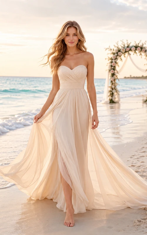 Champagne Beach Strapless Sweetheart Chiffon A-Line Bridal Dress
