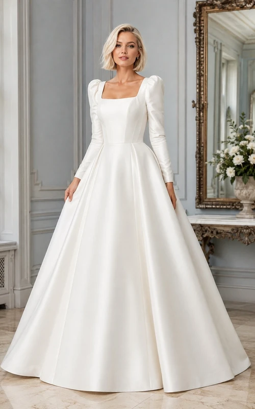Simple Bridal Satin Square Neck Long Sleeve A-Line Wedding Gown