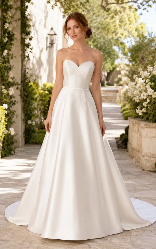 Brautkleid aus Satin, A-Linie, trägerlos, mit Schleppe
