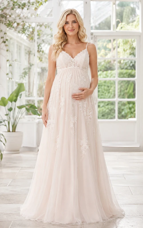 Vestido de novia de maternidad con tirantes finos, encaje y tul para jardín
