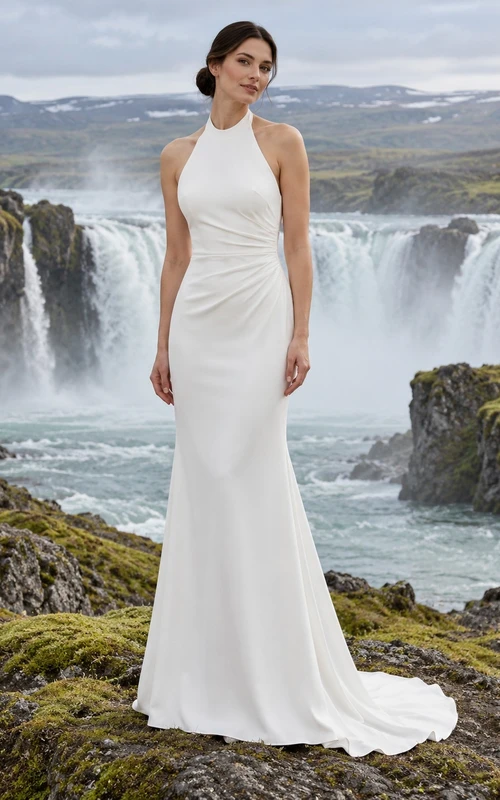 Vestido de novia sencillo de crepé con escote halter, cintura fruncida y espalda descubierta.