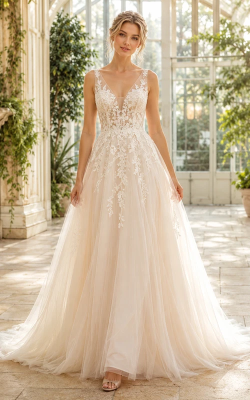 Robe de mariée champagne en dentelle et tulle, décolleté plongeant en V, coupe trapèze