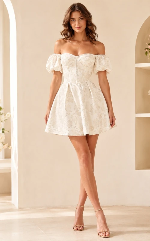 Elfenbeinfarbenes, schulterfreies Mini-Abendkleid mit herzförmigem Ausschnitt, Puffärmeln und floralem Jacquardmuster in A-Linie