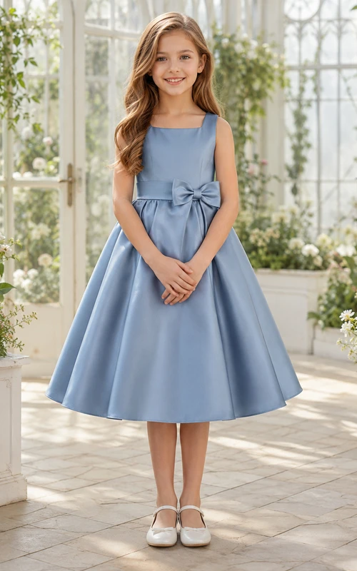 Blumenmädchenkleid, stahlblau, Satin, A-Linie, Rundhalsausschnitt, Teelänge, Schleife am Rücken