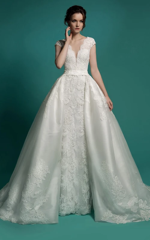 Robe sirène longue en dentelle à col V, manches courtes, fermeture éclair, ceinture et traîne amovible