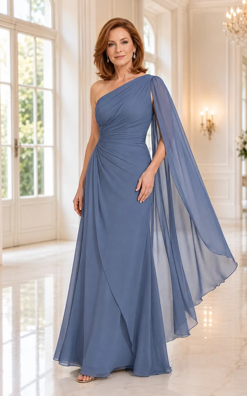 Stahlblaues, schulterfreies Chiffon-Kleid in A-Linie mit Cape-Ärmeln