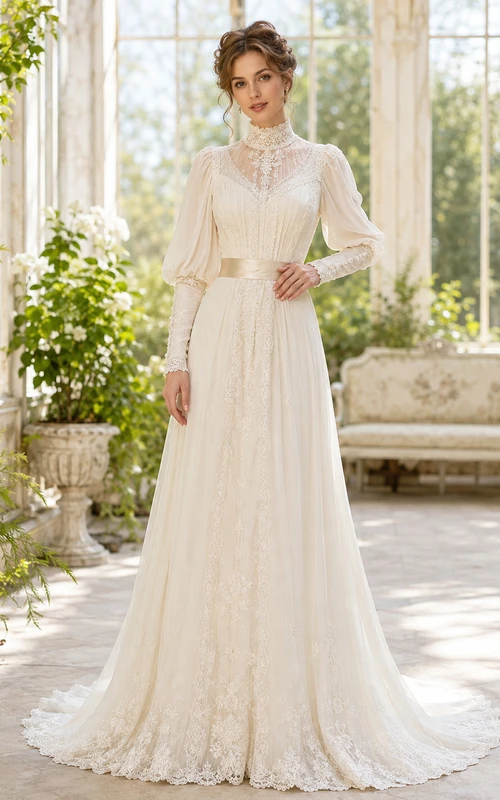 Robe de mariée édouardienne en dentelle, col montant, manches longues et traîne chapelle