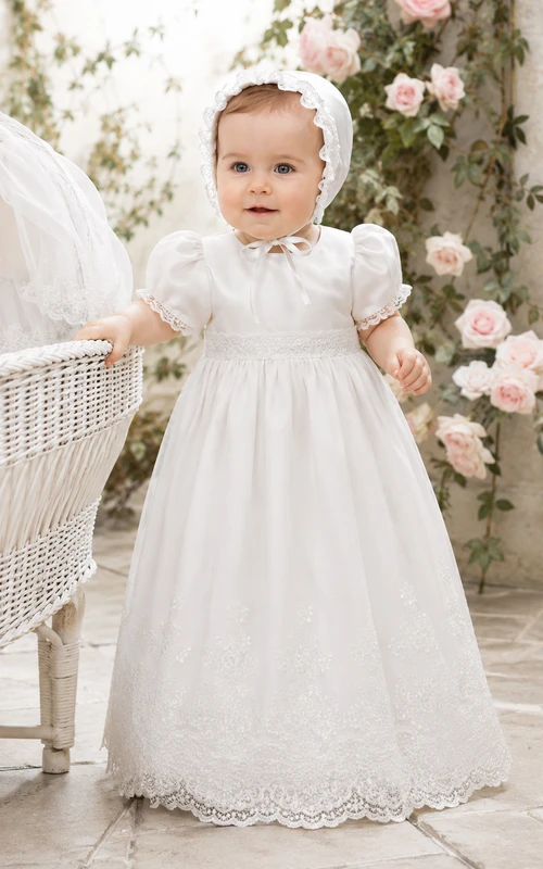 Modest Baby Baptism Christening Ceremony Gown A-Line Ankle-Length High Neck Puff Sleeve Satin Lace Bow Back Button Back