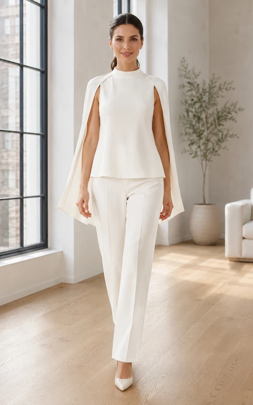 Modern Bridal Pantsuit Two Piece High Neck Cape Top Tapered Wedding Outfit