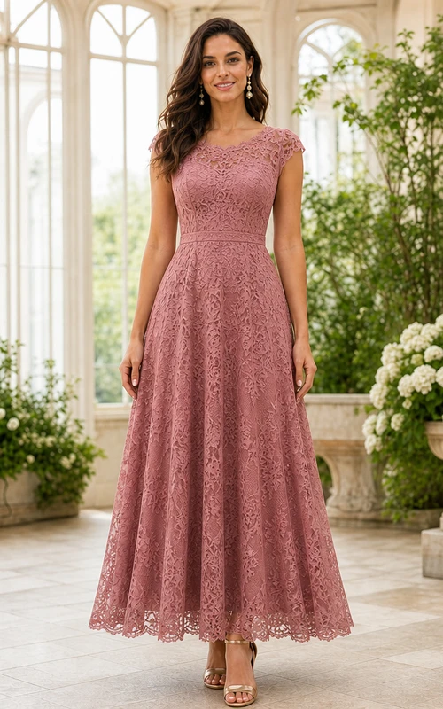 Robe longue trapèze en dentelle rose poudré à manches courtes