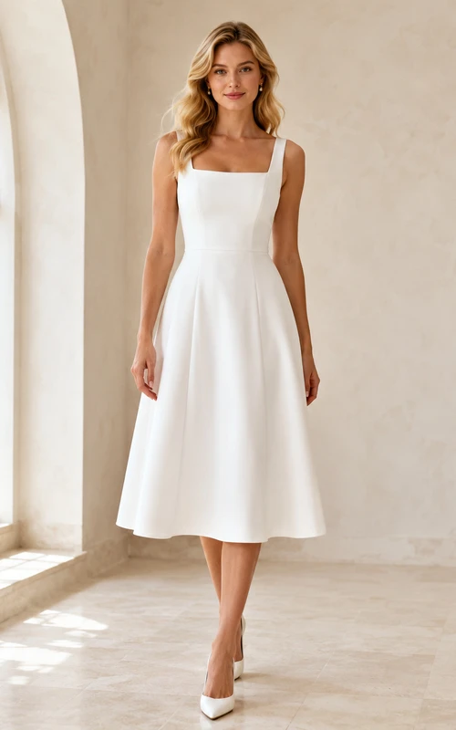Vestido de novia sencillo de corte A, largo hasta la rodilla, escote cuadrado, sin mangas, de satén, corte A, estilo vintage.