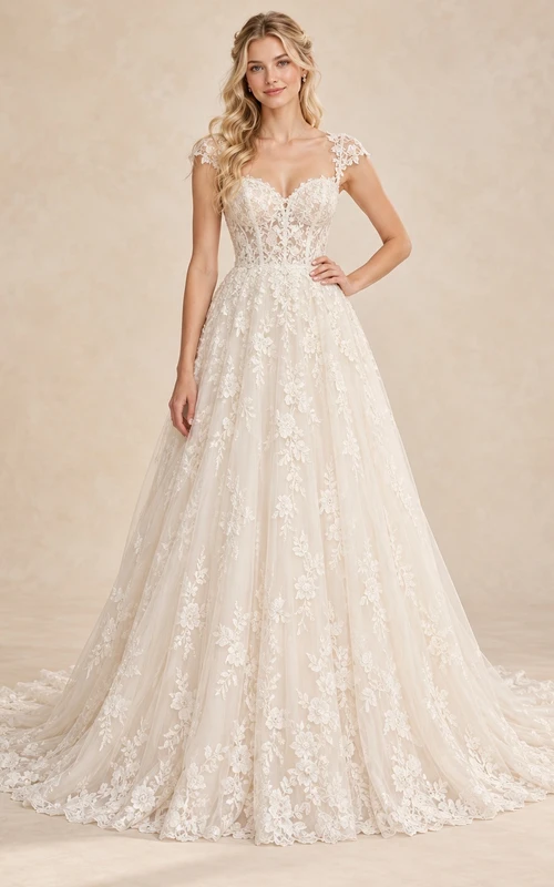 Sweetheart Cap Sleeve Floral Lace Soft A-Line Wedding Dress