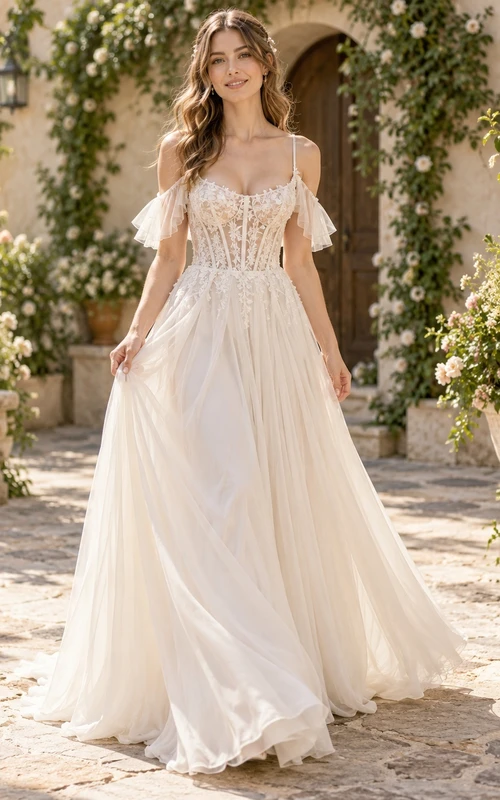 Boho Spaghetti Strap Floral Corset Chiffon A-line Wedding Dress