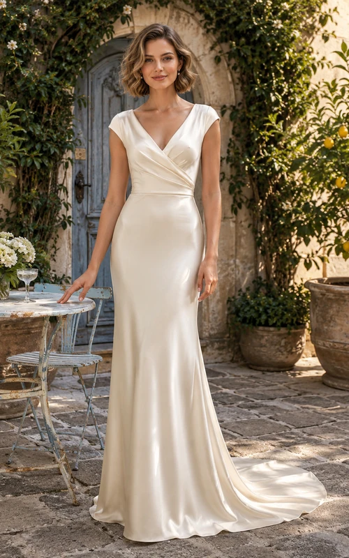 Robe sirène en satin à col V et manches courtes, style cour française