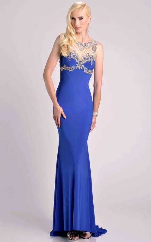 Vestido de fiesta ajustado sin mangas de jersey con corpiño abalorios y escote barco.