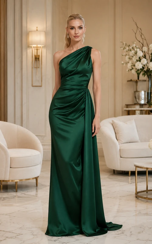 Dark Green One-Shoulder Satin Sheath Formal Dress with Draped Bodice and Side Drape