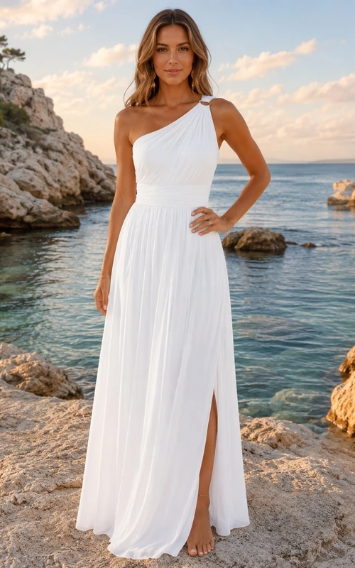 Simple Summer Beach White One-Shoulder A-Line Floor-Length Split Dress