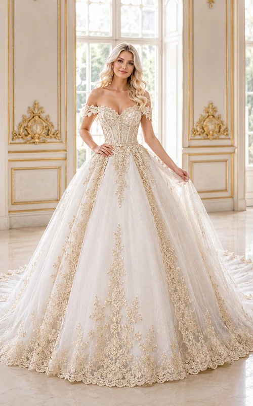 Vergoldetes Ballkleid, Brautkleid, schulterfrei, kurze Ärmel, bodenlang, Kathedralenschleppe, Luxuskleid
