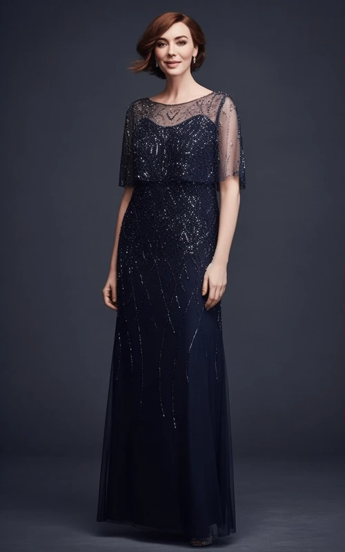 Vestido azul oscuro ajustado con escote redondo, efecto ilusión y mangas cortas, adornado con cuentas, ideal para la madre de la novia.