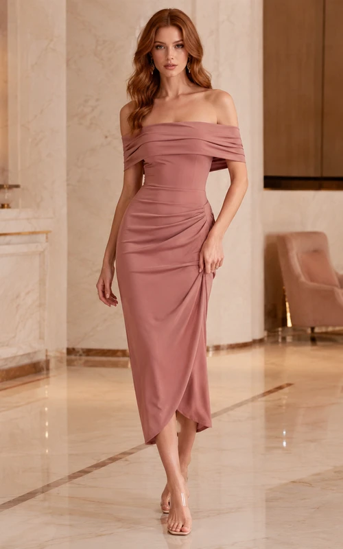 Robe de cocktail fourreau mauve à épaules dénudées et froncée, longueur thé