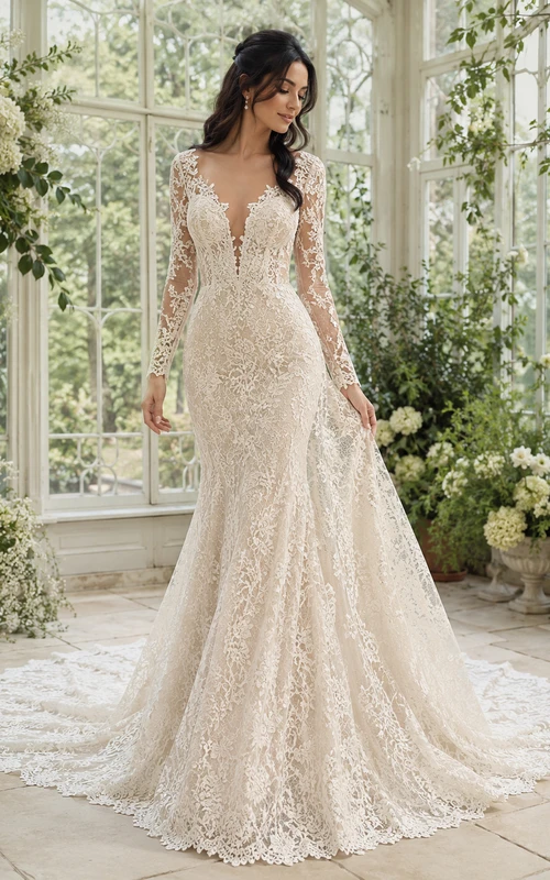 Robe de mariée de soirée ornée de dentelle, décolleté en V profond, manches longues transparentes, coupe sirène, traîne chapelle et applications florales