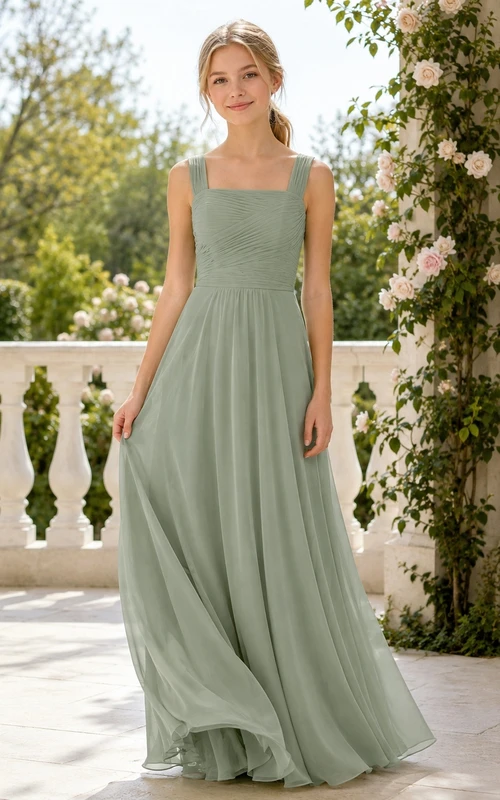Celadonfarbenes Brautjungfernkleid für junge Mädchen, A-Linie, ärmellos, Chiffon, schlicht