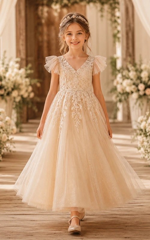 Flower Girl Dress Champagne Lace Tulle A-Line Jewel Neck Tea Length
