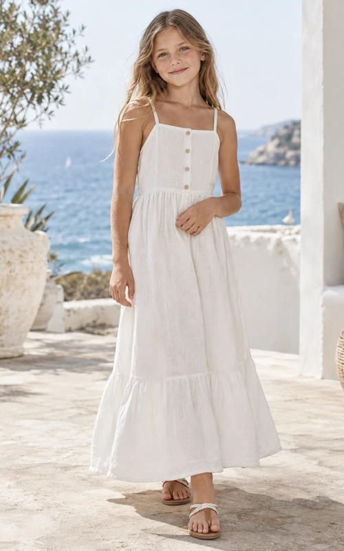 Simple Square Neck White Beach Spaghetti Strap Tiered Linen Flower Girl Dress