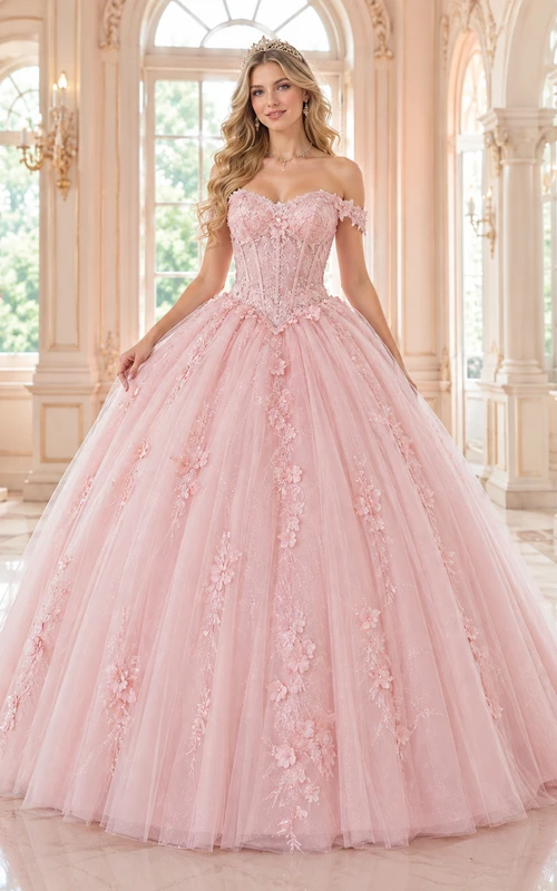 Vestido de quinceañera largo hasta el suelo, sin mangas, con escote corazón, hombros descubiertos, tul, apliques de encaje, pedrería y espalda descubierta.