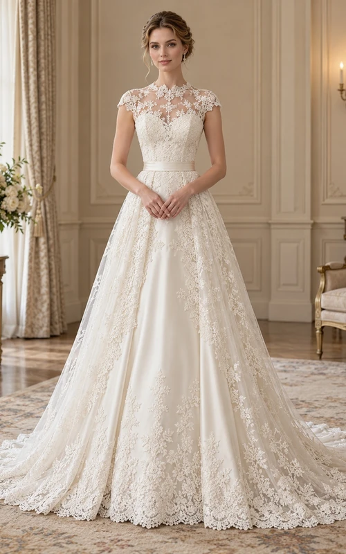 High Neck Cap Sleeve Floral Lace Full A-Line Wedding Dress