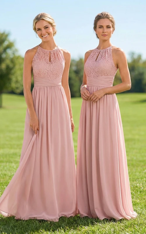 Robe de demoiselle d'honneur trapèze à col montant et détails en dentelle