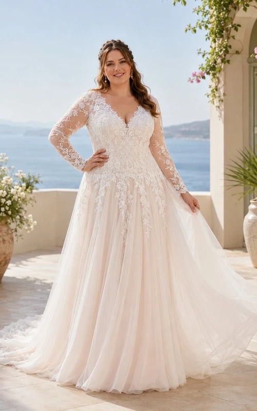 Vestido de novia sencillo de talla grande con escote en V, manga larga y corte en A.