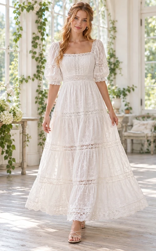 Robe longue bohème blanche à col carré, manches bouffantes et dentelle à volants