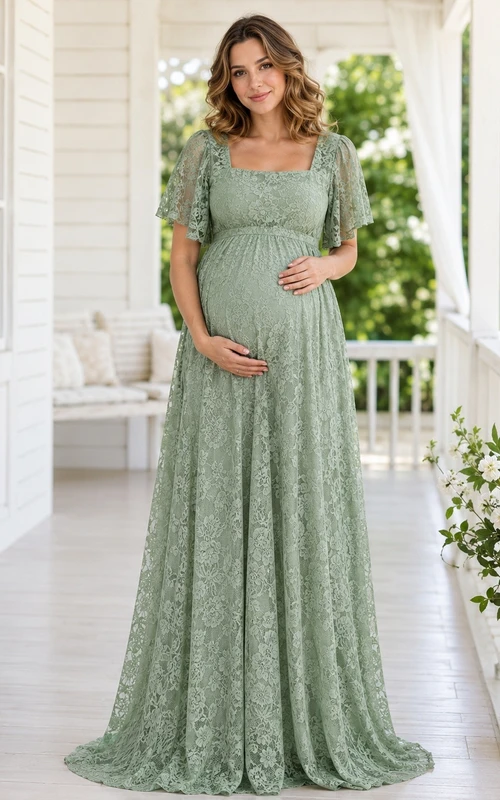 Vestido formal largo hasta el suelo, de corte A, elegante y romántico, de manga corta, con encaje y fruncido, color verde salvia.