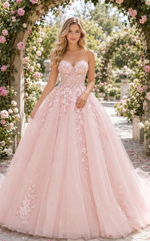 Rosafarbenes, trägerloses Ballkleid aus Tüll mit floralen Applikationen – perfekt für die Gartenhochzeit