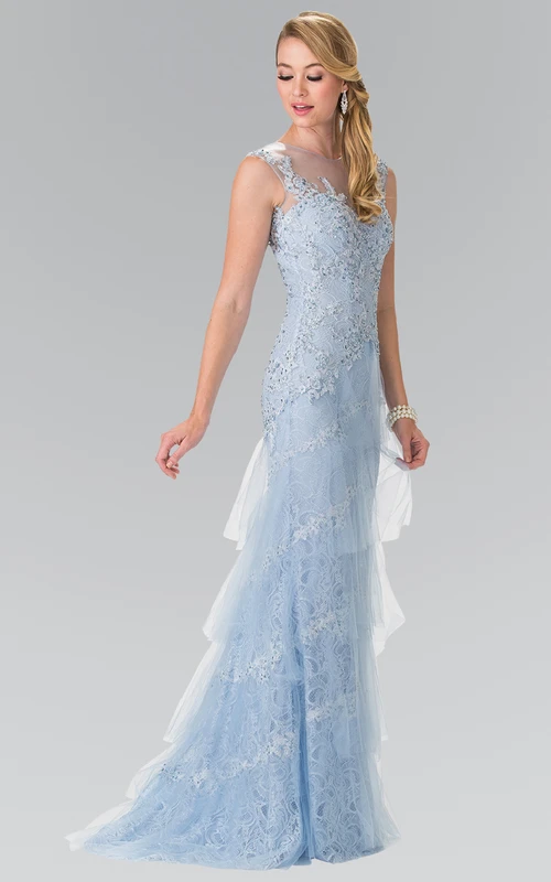 Robe fourreau maxi sans manches en tulle et dentelle, col rond, dos nu en V, ornée de perles et de volants