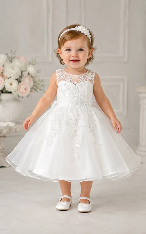 Vestido de bautizo para bebé, estilo modesto, corte en A, manga corta, tul, encaje, largo midi, con lazo en la faja, color blanco.