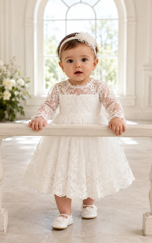 Long Sleeve Baptism Dress A-Line Lace Tulle High Neck Knee-Length