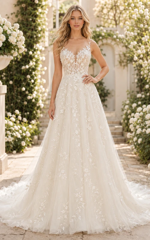 Vestido de novia de encaje, corte A, detalle de tirantes, cola larga, espalda baja en V.