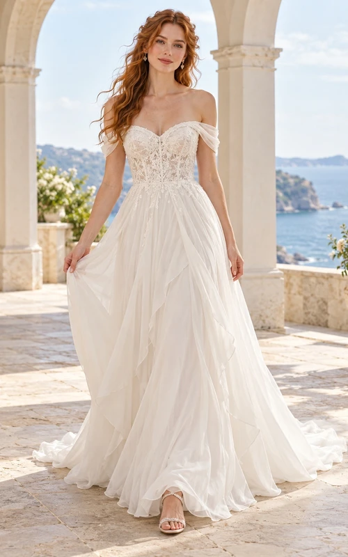 Off Shoulder Sweetheart Lace Chiffon A-Line Bridal Wedding Dress