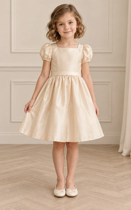 Robe de demoiselle d'honneur couleur champagne vintage, longueur genou, col montant carré, petites manches bouffantes, poignets froncés, fine ceinture crème, jupe ample en taffetas texturé à fronces fines, fermeture boutonnée au dos