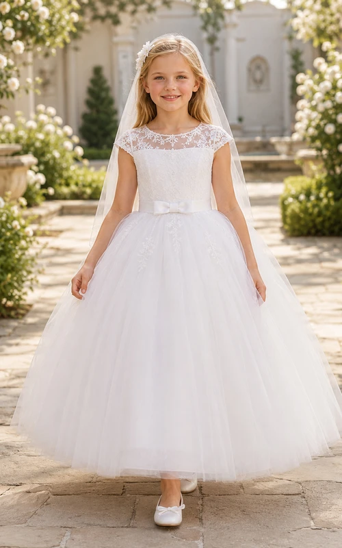 Vestido de tul de manga corta con encaje floral para niña de las flores, ideal para la comunión.