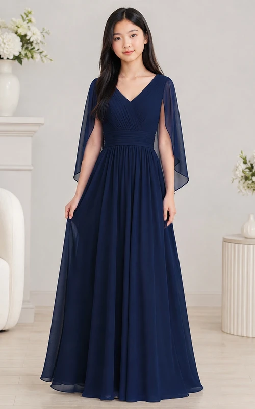 Dunkelblaues Brautjungfernkleid für junge Damen, A-Linie, V-Ausschnitt, 3/4-Ärmel, geraffte Blütenblätter, romantisch