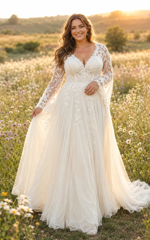 Plus Size Bohemian Lace Sleeve Meadow Wedding Dress