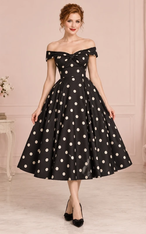 Vestido de fiesta ajustado negro de manga larga con hombros descubiertos y estampado de lunares, estilo vintage.