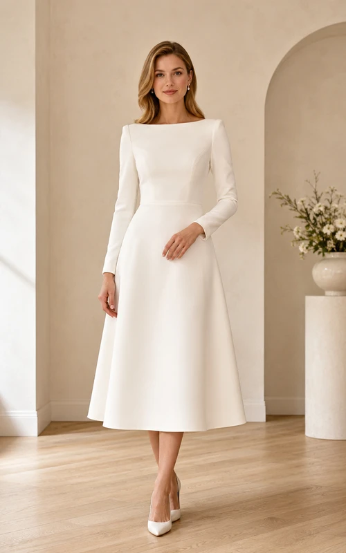 Vestido de novia sencillo de satén con escote barco y manga larga, estilo británico, hasta la rodilla.