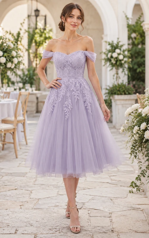 Robe de mariée lavande en tulle et dentelle florale à épaules dénudées, longueur thé