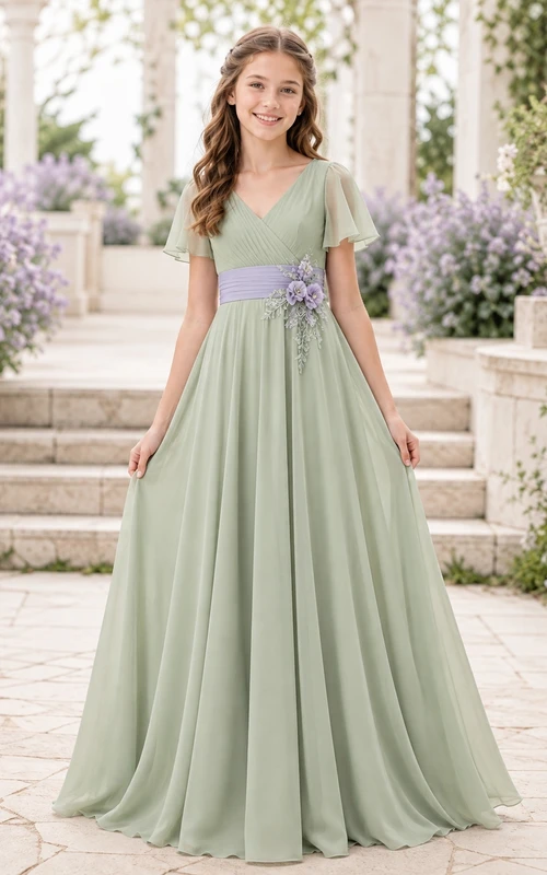 Celadonfarbenes Brautjungfernkleid für junge Damen, A-Linie, V-Ausschnitt, kurze Blütenblattärmel, Blumenschärpe/Band, elegant