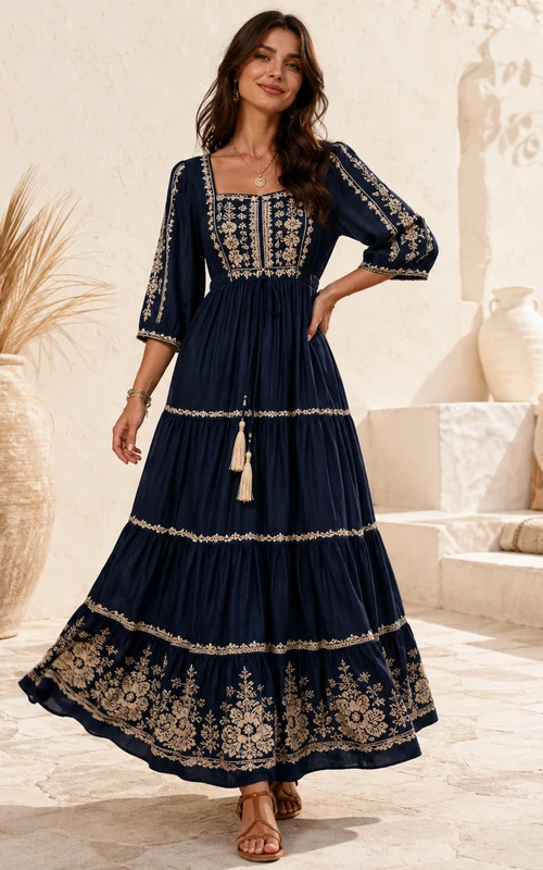 Dunkelblaues, besticktes Stufenkleid im Vintage-Boho-Stil mit eckigem Ausschnitt, Glockenärmeln und Bohème-Stil