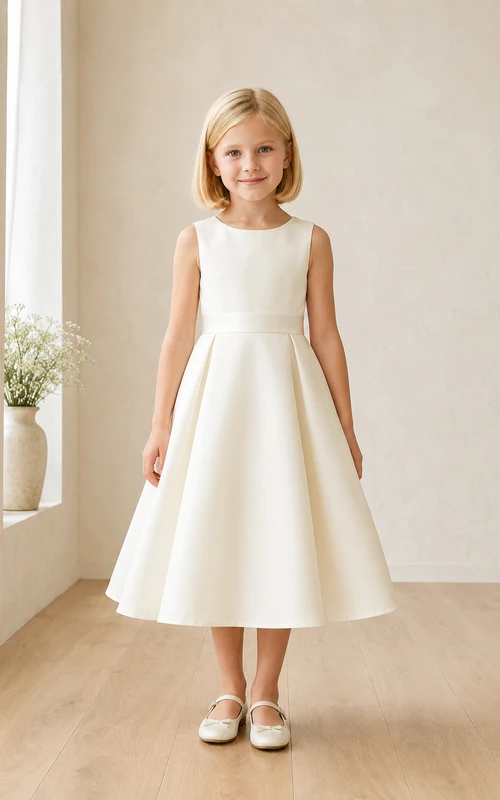 Blumenmädchenkleid aus elfenbeinfarbenem Satin, A-Linie, Rundhalsausschnitt, Teelänge, Schleifendetail